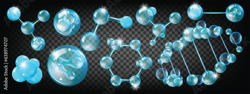 3D molecule oxygen vector icon set, cosmetic skin care bubble nano formula kit, chemistry DNA cell. Science nuclear structure model, atom medicine collagen element blue glass sphere. 3D molecule