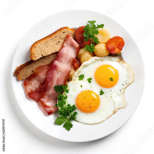 Irish Breakfast Irish Dish On A White Plate, On A White Background Directly Above View photo