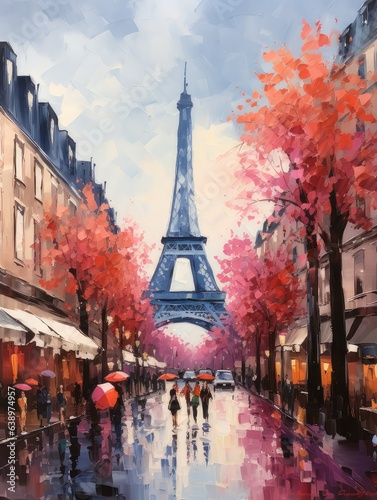 Acrylic Painting, vintage Paris cityscape with Eiffel Tower as a focal point