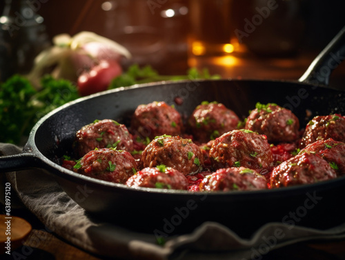 Raw Meatballs in a frying pan close-up shot, generative ai