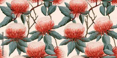 Seamless pattern of illustrated rambutan leaves, fruit drawings on white background. Concept: Organic tropical wallpapers on bright canvas. photo