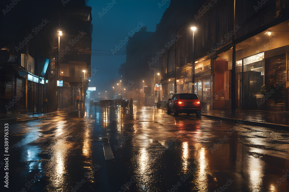 evocative urban scene in the rain, capturing the reflection of city lights on wet streets, while conveying the ambiance of a dynamic rainy evening, realistic, photo. Generative AI.