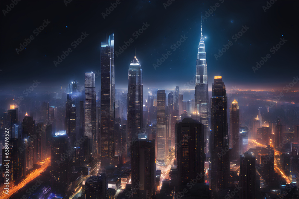 Obraz premium exquisite cityscape wallpaper, showcasing the dazzling lights of towering skyscrapers against the backdrop of a velvety night sky. Generative AI.