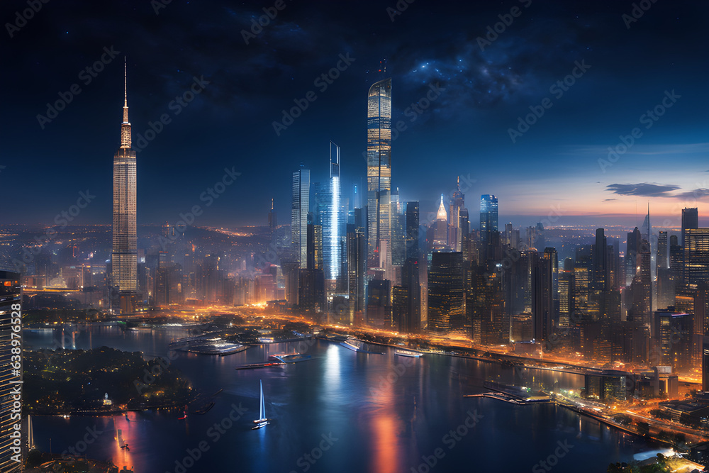 exquisite cityscape wallpaper, showcasing the dazzling lights of towering skyscrapers against the backdrop of a velvety night sky. Generative AI.