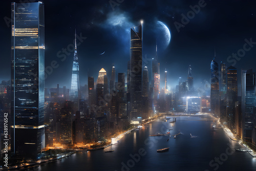 exquisite cityscape wallpaper  showcasing the dazzling lights of towering skyscrapers against the backdrop of a velvety night sky. Generative AI.