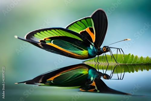 merald Swallow tail butterfly (or, green peacock) sitting on green leaf. Clos...