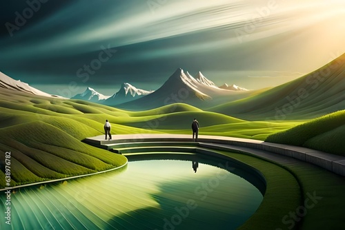 Empty green podium on Background. 3d rendering
