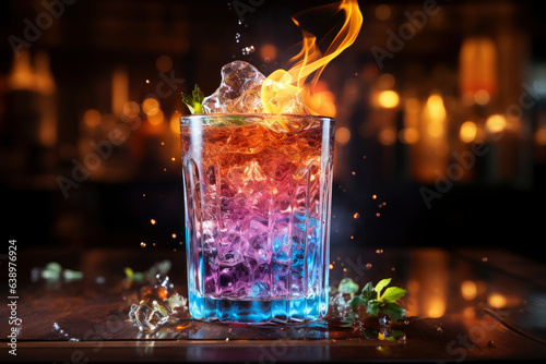 Multicolor alcoholic cocktail with fire and smoke in a bar, nightclub party concept