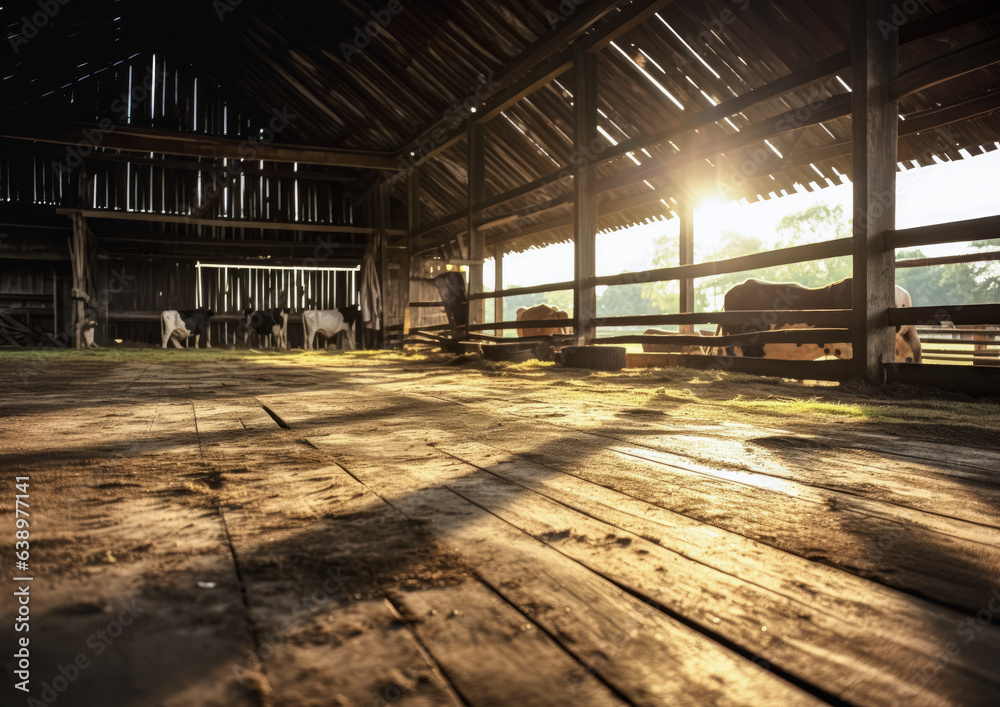 Interior of simple wooden barn, some cows at far side, sunny day outside. Cattle dairy farm. Generative AI