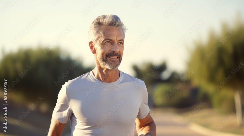 Obraz premium A middle-aged man on a morning walk. Generative AI