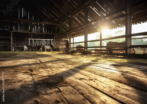 Interior of simple wooden barn, some cows at far side, sunny day outside. Cattle dairy farm. Generative AI