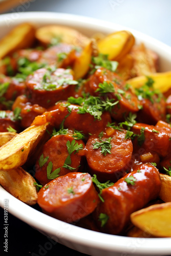 fundscene German currywurst cut into small pieces Iconic, generative ai