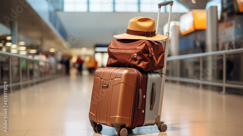Traveler's Trolley with Suitcases and Hat in Airport Terminal