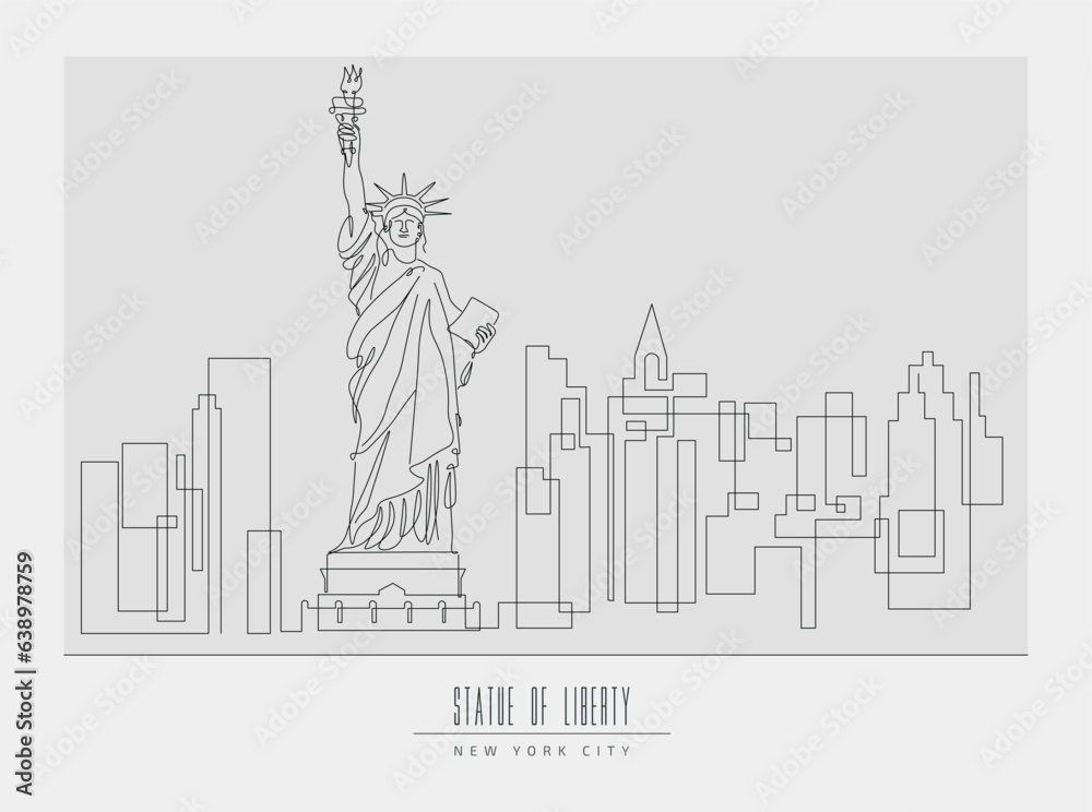 Line drawing of the Statue of Liberty in New York with the city in the ...