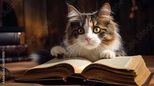 Tricolor cat lying on a book and looking at the camera 