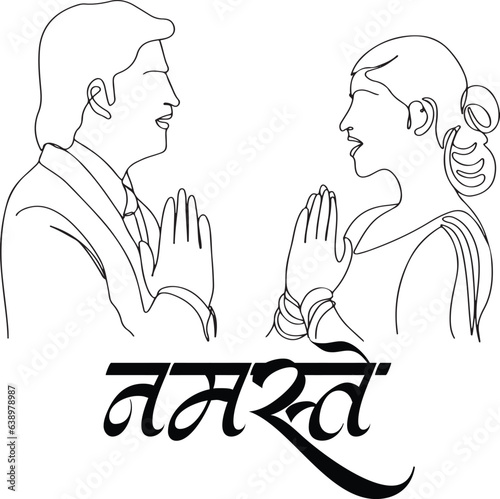 Indian man and women doing namaste side view one line sketch cartoon drawing, Namaste clip art, Namaste hindi calligraphy logo, Namste cartoon