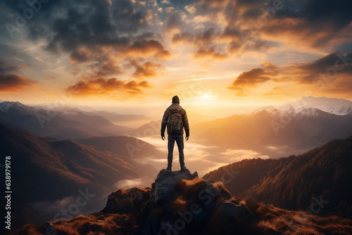 Grateful man admiring the awe-inspiring mountain vista  expressing thanks to the heavens