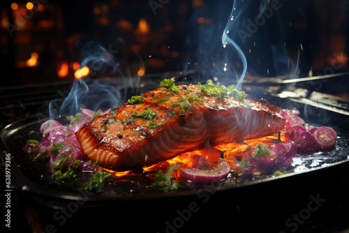 Grilled salmon steak with smoke and flames, delicious and juicy trout on the barbecue