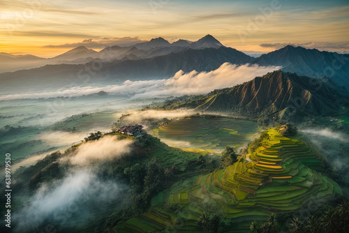 Misty Indonesian landscape, rice fields, mountains, clouds, mist, sunset, sunrise, Asian landscape, drone shot