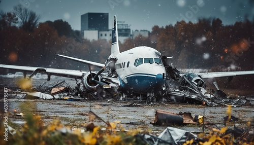 Plane crash, crashed airplane, air accident. Generative AI photo