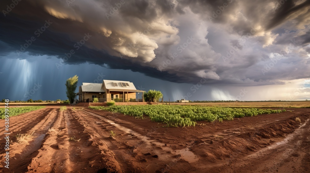 Farm under dramatic stormy sky. Generative AI Farm under dramatic stormy sky. Generative AI