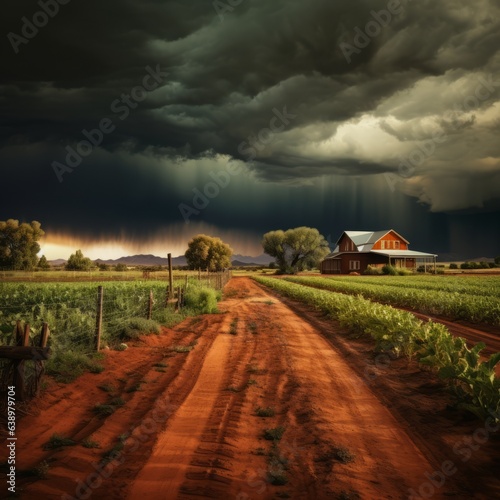Farm under dramatic stormy sky. Generative AI