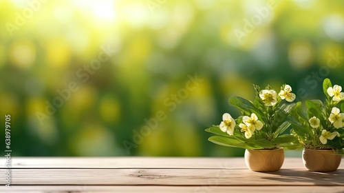 Spring flowers in a pot on wooden table. Spring nature background