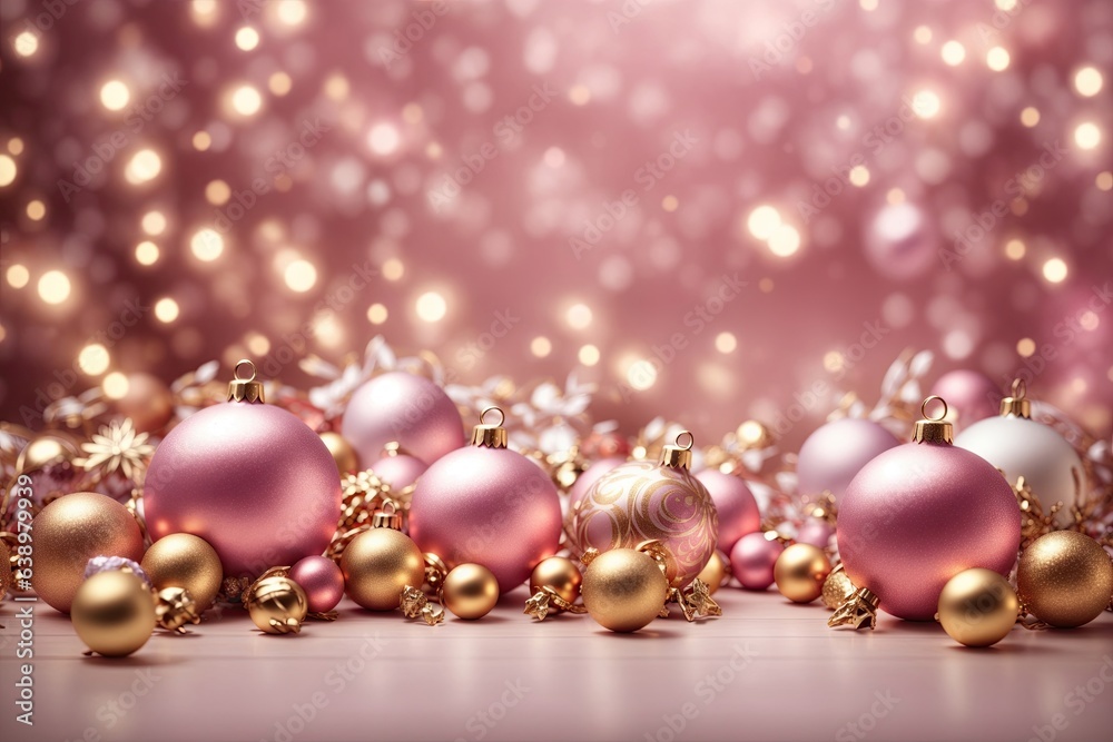 Pink and gold christmas gifts isolated on pastel pink background. christmas ornaments and baubles Pink and gold christmas gifts isolated on pastel pink background. christmas ornaments and baubles