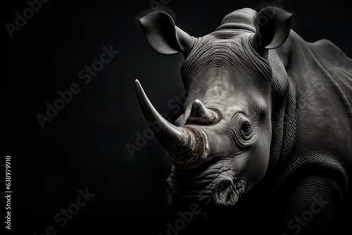 rhino black and white photo, detailed portrait of endangered rhinoceros 