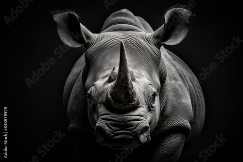 rhino black and white photo, detailed portrait of endangered rhinoceros  photo