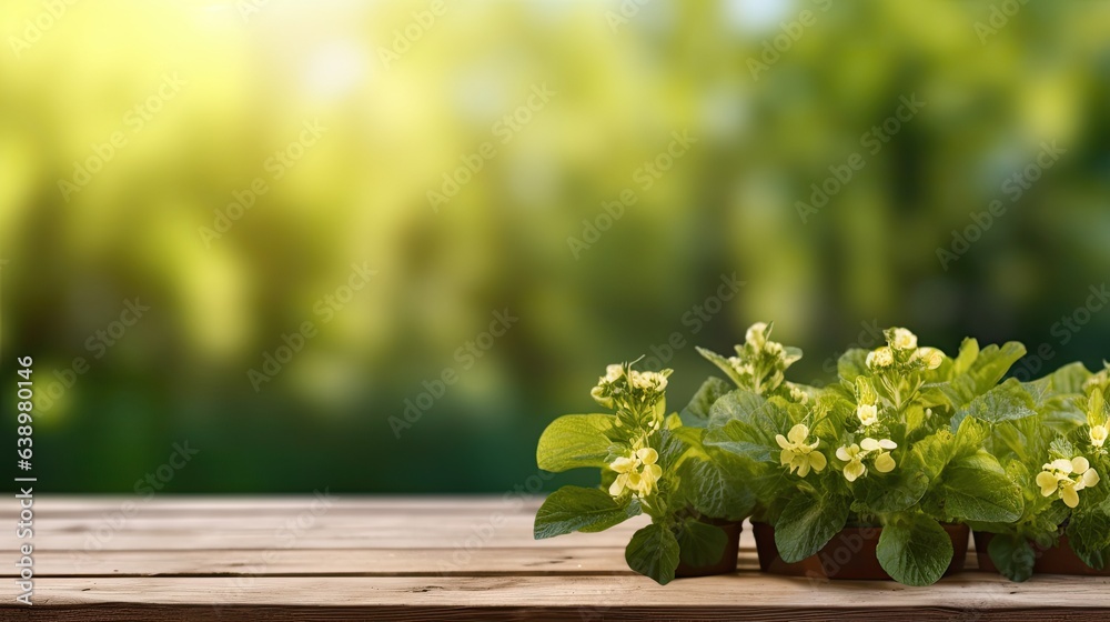 Spring flowers in pot on wooden table over blurred garden background, copy space Spring flowers in pot on wooden table over blurred garden background, copy space