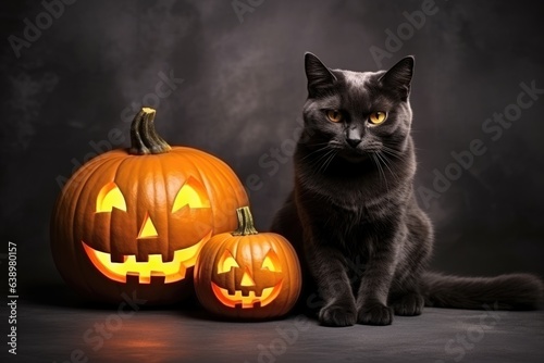 Scary halloween pumpkin Jack-o-lantern and black cat © Оксана Олейник