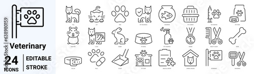 Veterinary line web icons. dog care and cat food. Pets. pet care and dog paw. Collection of Outline Icons. Cute animals. Vector illustration.