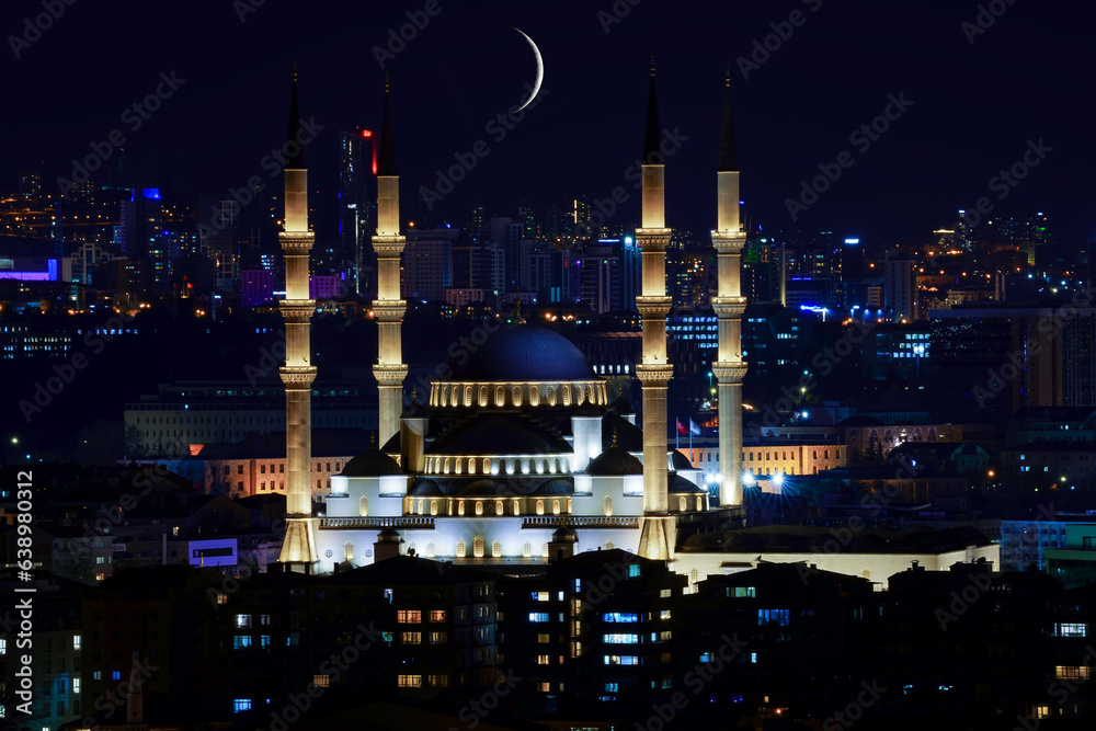 Ankara Kocatepe Camii mosque and moon night view with long exposure	