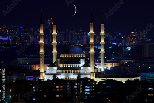 Ankara Kocatepe Camii mosque and moon night view with long exposure 
