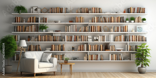 Home library with bookshelves on the wall, Generative AI photo