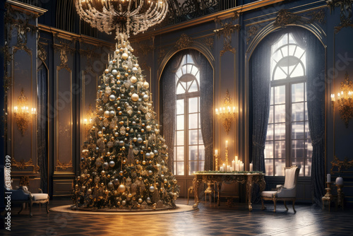 Decorated Christmas tree with balls and garlands in a luxurious interior  new year tradition  merry xmas