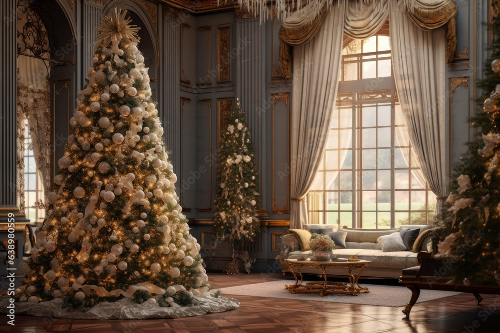 Decorated Christmas tree with balls and garlands in a luxurious interior, new year tradition, merry xmas