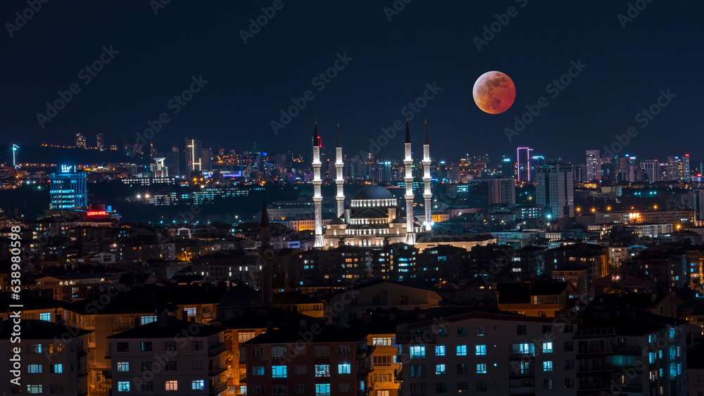 Fototapeta premium Ankara Kocatepe Camii mosque and moon night view with long exposure 