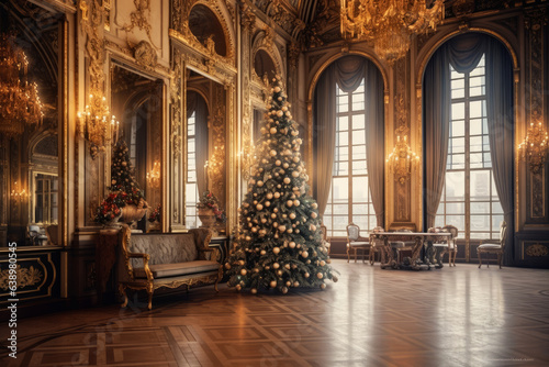 Decorated Christmas tree with balls and garlands in a luxurious interior, new year tradition, merry xmas