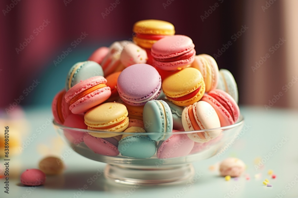 Fototapeta premium An assortment of colorful macarons displayed on a pastel plate. Generative AI