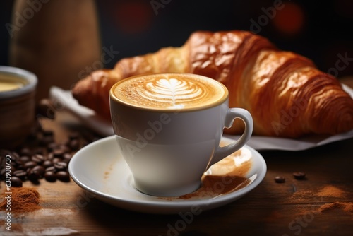 A close-up of a flaky croissant paired with a cup of steaming cappuccino. Generative AI