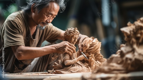 A man carves a wooden statue. Generative AI