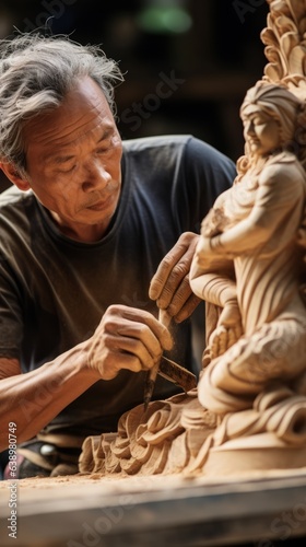 A man carves a wooden statue. Generative AI