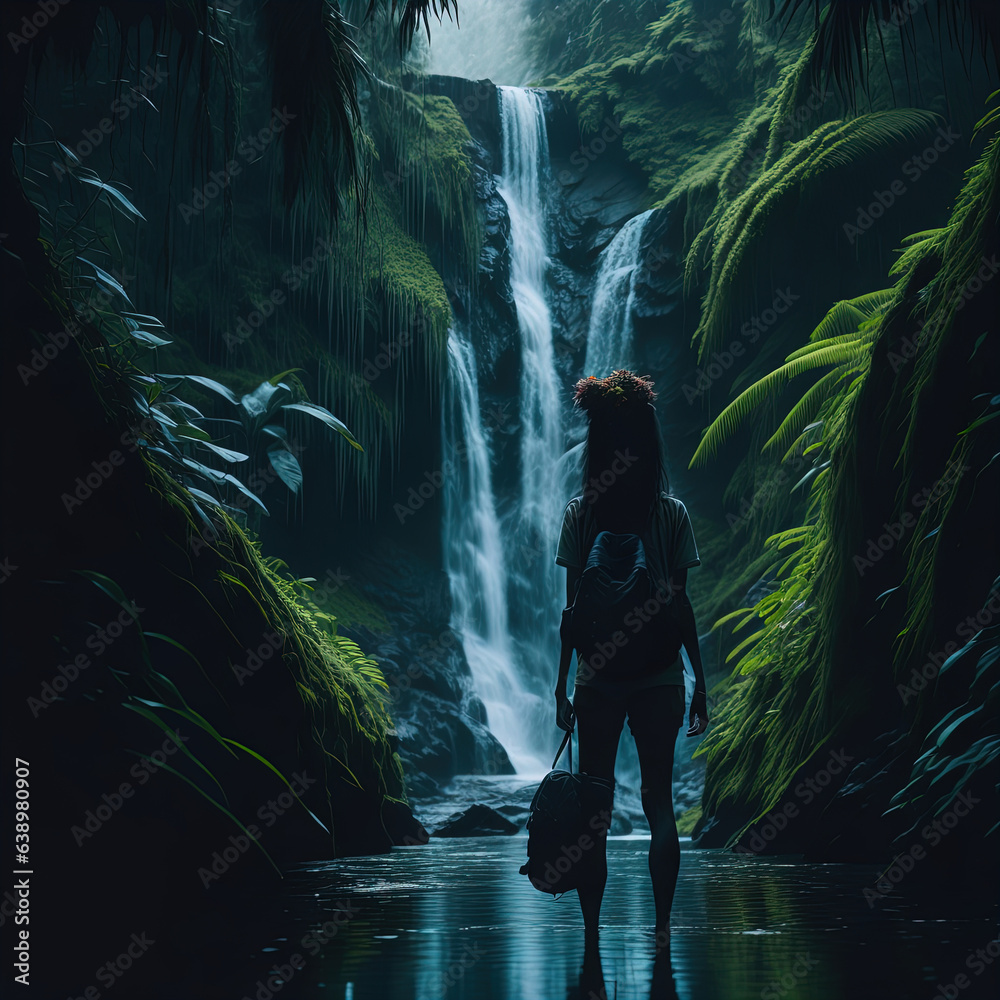 Fototapeta premium Majestic jungle rainforest Bali waterfall adventure painting print wallpaper 