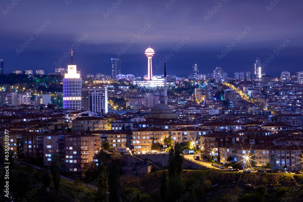 Ankara Wonderful night view long exposure where the Atakule located in Cankaya	