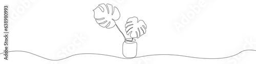 Monstera in a bank line continuous drawing vector. One line Monstera Leaves vector background. Plant Monstera icon. Continuous outline of a Monstera flower pot.