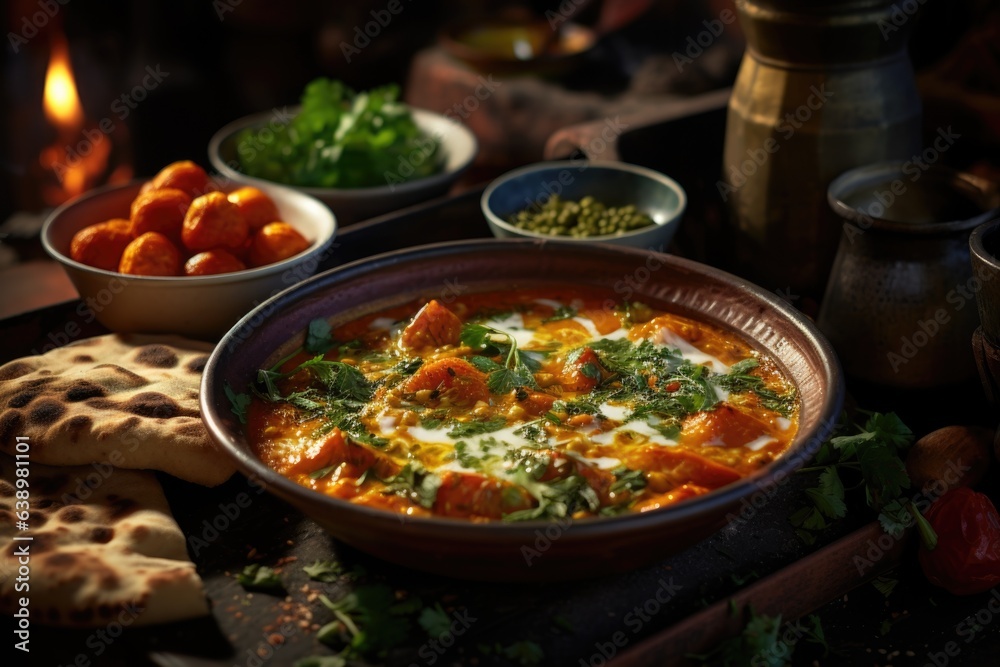 A fragrant curry dish served in a traditional bowl with naan bread on the side. Generative AI