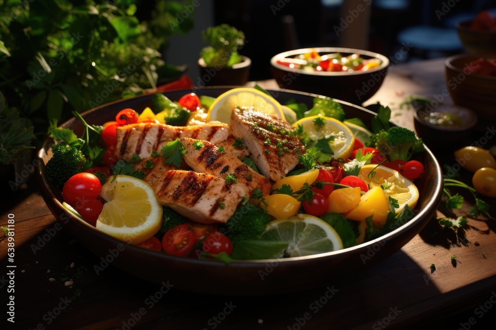 A vibrant salad bowl filled with a colorful array of fresh vegetables and grilled chicken. Generative AI A vibrant salad bowl filled with a colorful array of fresh vegetables and grilled chicken. Generative AI