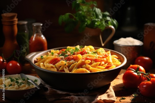 A mouthwatering bowl of creamy pasta with a rich tomato and basil sauce. Generative AI